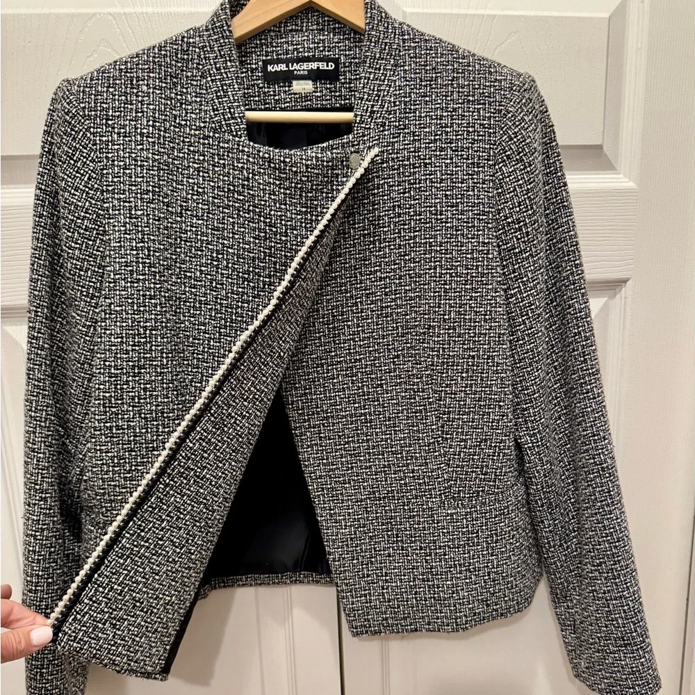 Karl Lagerfeld Tweed Pearl Jacket Blazer Sz 14 - Picture 2 of 10